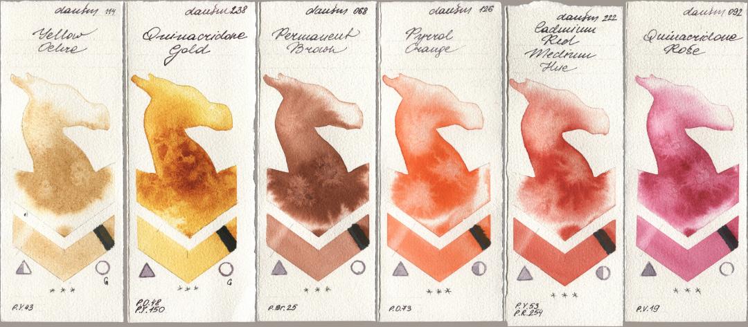 Daniel Smith 114 Yellow Ochre, 238 Quinacridone Gold, 068 Permanent Brown, 126 Pyrrol Orange, 222 Cadmium Red Medium Hue, 092 Quinacridone Ro watercolor swatch