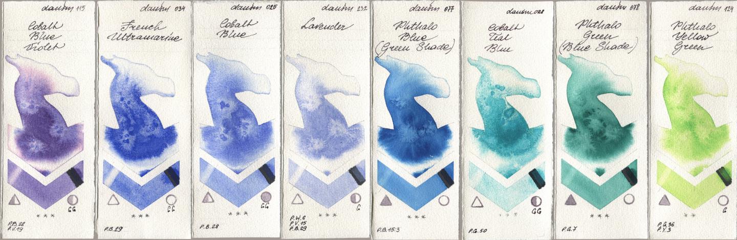 Daniel Smith 115 Cobalt Blue Violet, 034 French Ultramarine, 025 Cobalt Blue, 232 Lavender, 077 Phthalo Blue (Green Shade), 028 Cobalt Teal Blue, 078 Phthalo Green (Blue Shade), 124 Phthalo Yellow Gre watercolor swatch