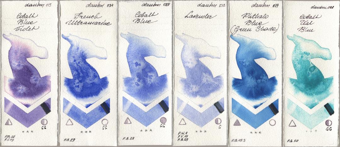 Daniel Smith 115 Cobalt Blue Violet, 034 French Ultramarine, 025 Cobalt Blue, 232 Lavender, 077 Phthalo Blue (Green Shade), 028 Cobalt Teal Bl watercolor swatch