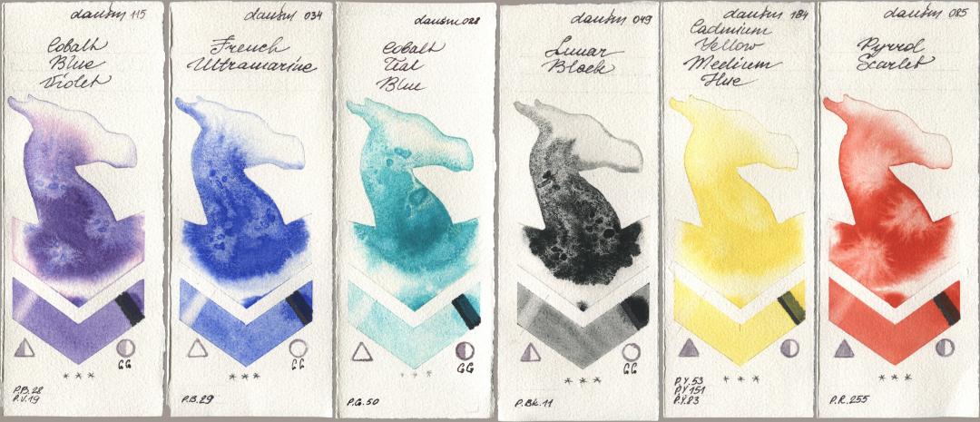 Daniel Smith 115 Cobalt Blue Violet, 034 French Ultramarine, 028 Cobalt Teal Blue, 049 Lunar Black, 184 Cadmium Yellow Medium Hue, 085 Pyrrol Scarl watercolor swatch