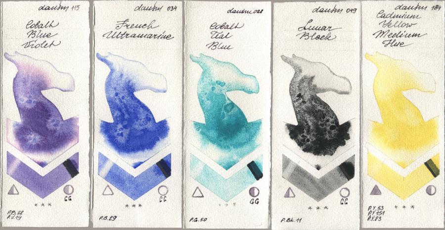 Daniel Smith 115 Cobalt Blue Violet, 034 French Ultramarine, 028 Cobalt Teal Blue, 049 Lunar Black, 184 Cadmium Yellow Medium H watercolor swatch