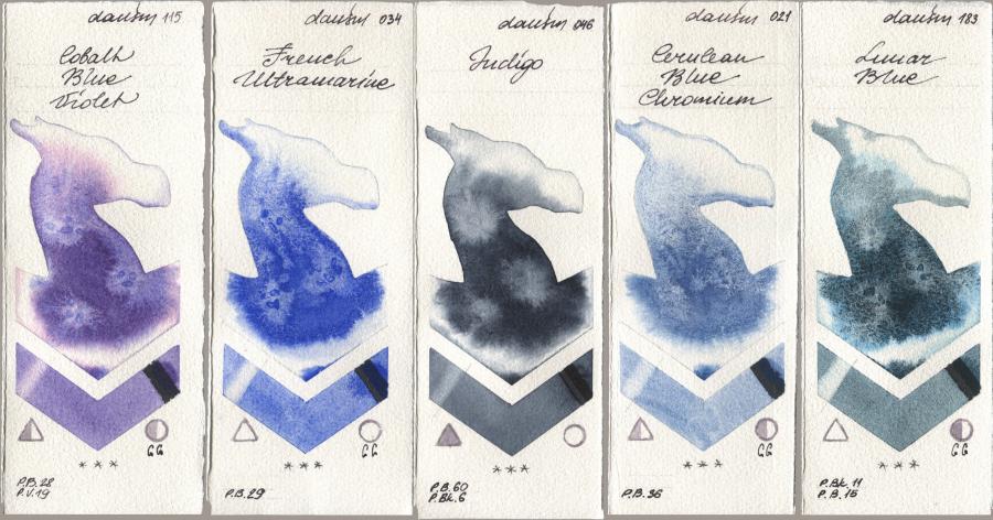 Daniel Smith 115 Cobalt Blue Violet, 034 French Ultramarine, 046 Indigo, 021 Cerulean Blue Chromium, 183 Lunar Bl watercolor swatch
