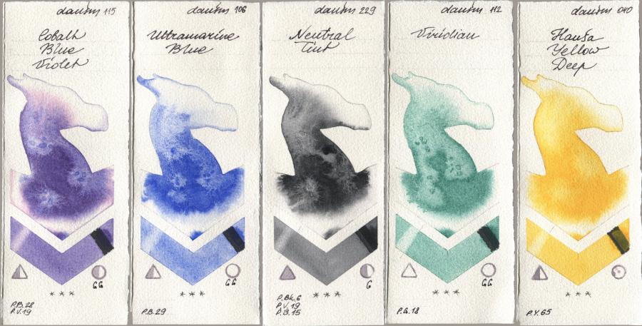 Daniel Smith 115 Cobalt Blue Violet, 106 Ultramarine Blue, 229 Neutral Tint, 112 Viridian, 040 Hansa Yellow De watercolor swatch