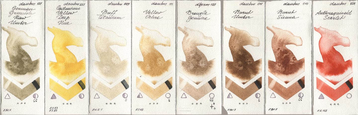 Daniel Smith 121 German Greenish Raw Umber, 221 Cadmium Yellow Deep Hue, 009 Buff Titanium, 114 Yellow Ochre, 199 Bronzite Genuine, 011 Burnt Umber, 010 Burnt Sienna, 224 Anthraquinoid Scarl watercolor swatch
