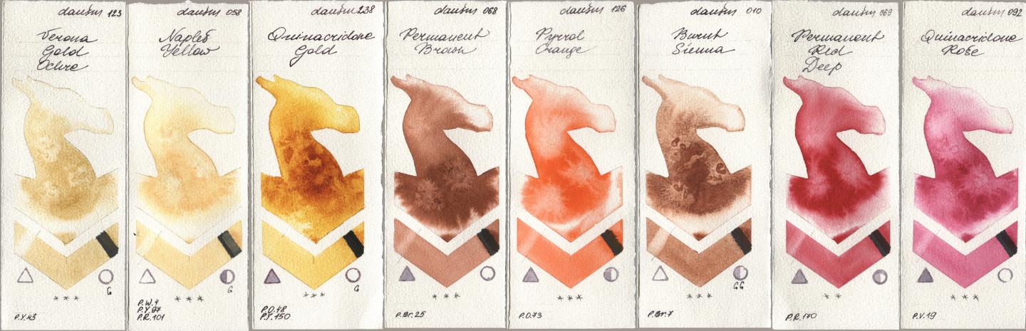 Daniel Smith 123 Verona Gold Ochre, 058 Naples Yellow, 238 Quinacridone Gold, 068 Permanent Brown, 126 Pyrrol Orange, 010 Burnt Sienna, 069 Permanent Red Deep, 092 Quinacridone Ro watercolor swatch