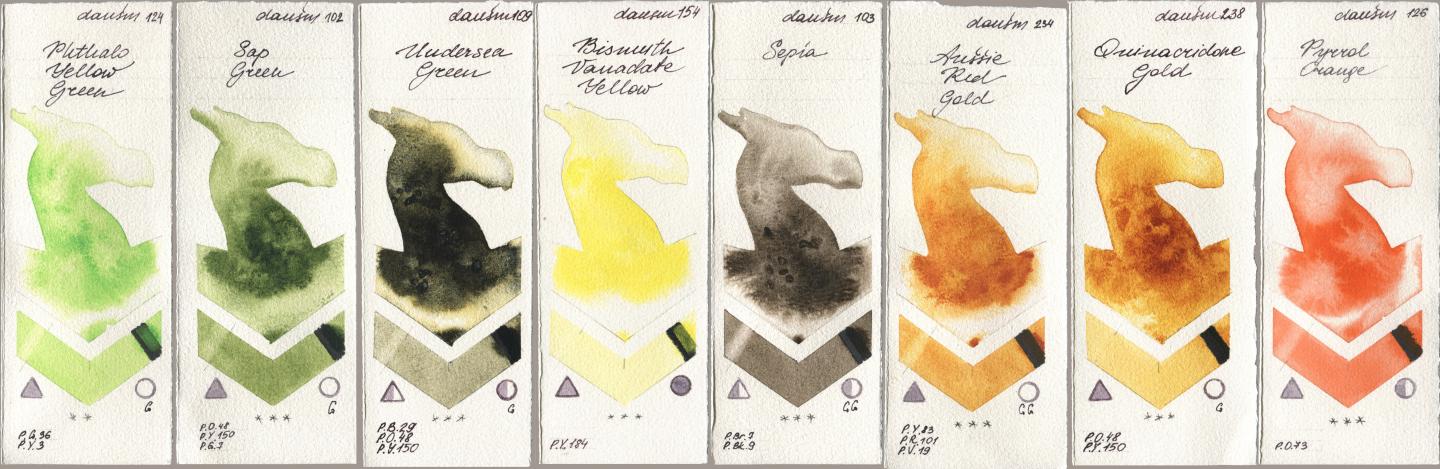 Daniel Smith 124 Phthalo Yellow Green, 102 Sap Green, 109 Undersea Green, 154 Bismuth Vanadate Yellow, 103 Sepia, 234 Aussie Red Gold, 238 Quinacridone Gold, 126 Pyrrol Oran watercolor swatch