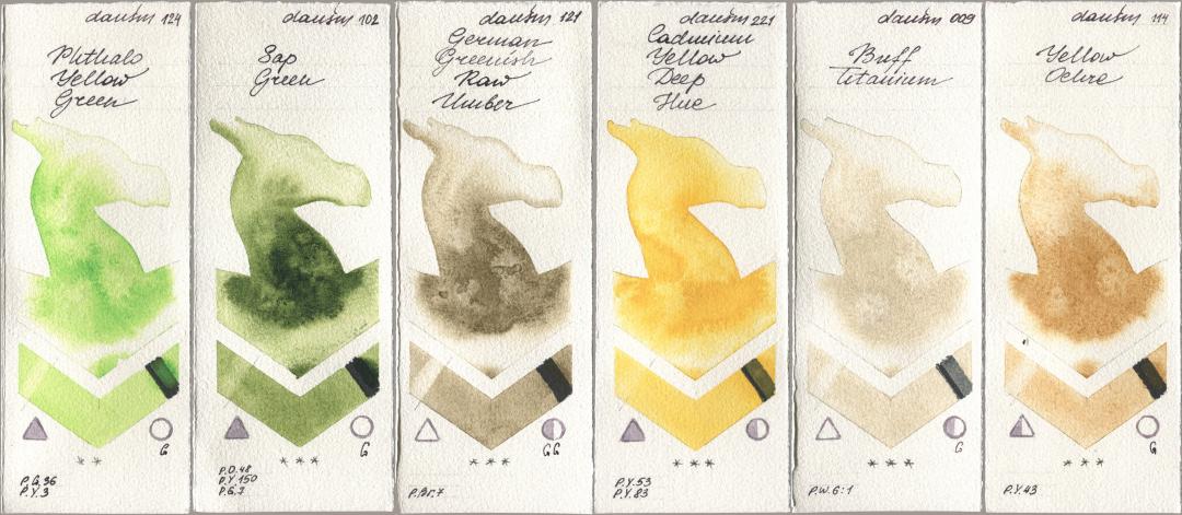 Daniel Smith 124 Phthalo Yellow Green, 102 Sap Green, 121 German Greenish Raw Umber, 221 Cadmium Yellow Deep Hue, 009 Buff Titanium, 114 Yellow Och watercolor swatch