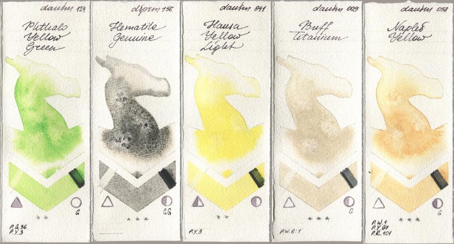 Daniel Smith 124 Phthalo Yellow Green, 156 Hematite Genuine, 041 Hansa Yellow Light, 009 Buff Titanium, 058 Naples Yell watercolor swatch