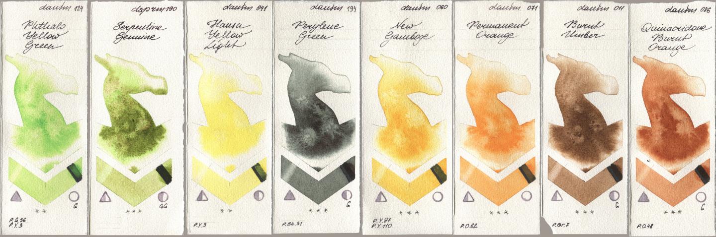 Daniel Smith 124 Phthalo Yellow Green, 190 Serpentine Genuine, 041 Hansa Yellow Light, 194 Perylene Green, 060 New Gamboge, 071 Permanent Orange, 011 Burnt Umber, 086 Quinacridone Burnt Oran watercolor swatch