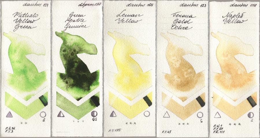 Daniel Smith 124 Phthalo Yellow Green, 197 Green Apatite Genuine, 165 Lemon Yellow, 123 Verona Gold Ochre, 058 Naples Yell watercolor swatch