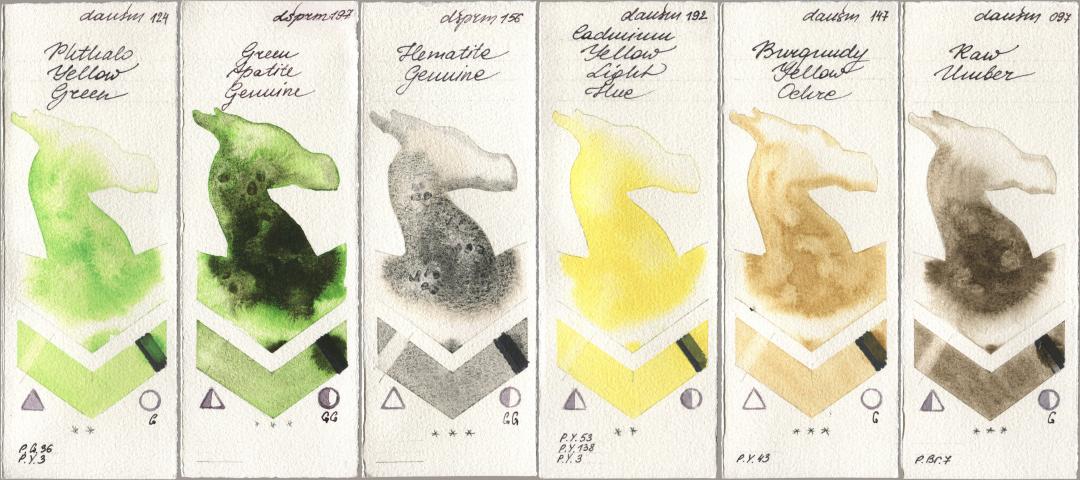 Daniel Smith 124 Phthalo Yellow Green, 197 Green Apatite Genuine, 156 Hematite Genuine, 192 Cadmium Yellow Light Hue, 147 Burgundy Yellow Ochre, 097 Raw Umb watercolor swatch