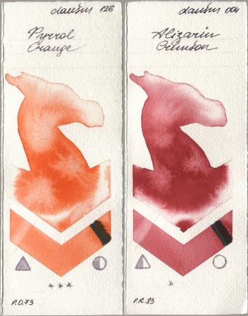 Daniel Smith 126 Pyrrol Orange, 004 Alizarin Crims watercolor swatch