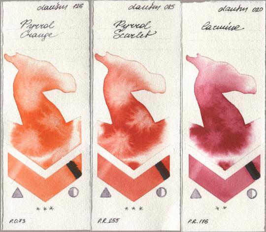 Daniel Smith 126 Pyrrol Orange, 085 Pyrrol Scarlet, 020 Carmi watercolor swatch