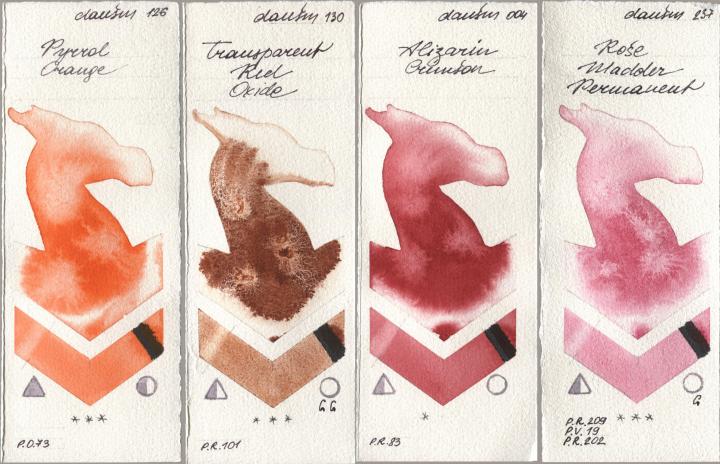 Daniel Smith 126 Pyrrol Orange, 130 Transparent Red Oxide, 004 Alizarin Crimson, 237 Rose Madder Permane watercolor swatch