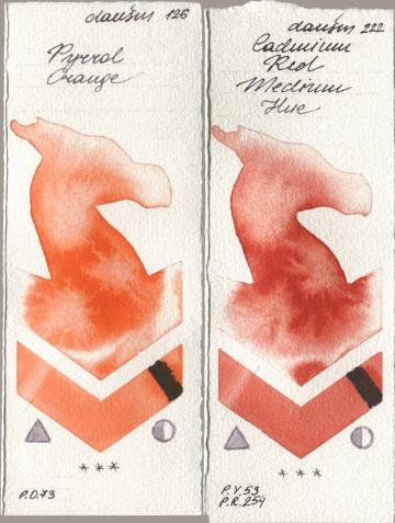 Daniel Smith 126 Pyrrol Orange, 222 Cadmium Red Medium H watercolor swatch
