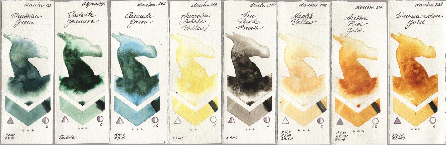 Daniel Smith 128 Prussian Green, 195 Jadeite Genuine, 142 Cascade Green, 006 Aureolin (Cobalt Yellow), 110 Van Dyck Brown, 058 Naples Yellow, 234 Aussie Red Gold, 238 Quinacridone Go watercolor swatch