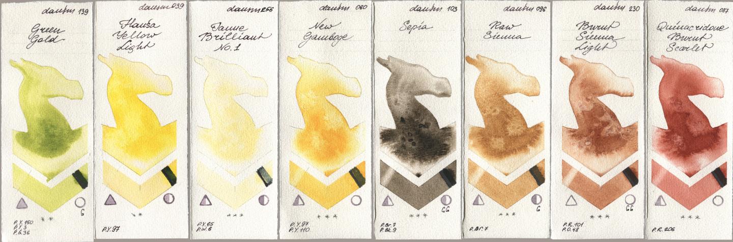 Daniel Smith 139 Green Gold, 039 Hansa Yellow Light, 256 Jaune Brilliant No 1, 060 New Gamboge, 103 Sepia, 096 Raw Sienna, 230 Burnt Sienna Light, 087 Quinacridone Burnt Scarl watercolor swatch