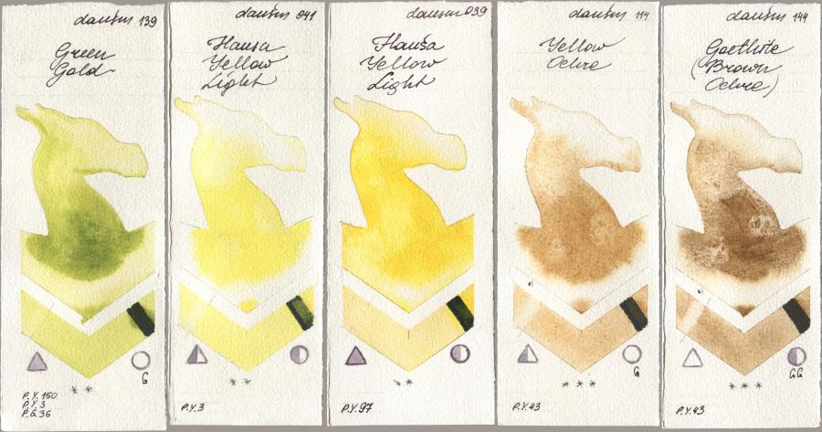 Daniel Smith 139 Green Gold, 041 Hansa Yellow Light, 039 Hansa Yellow Light, 114 Yellow Ochre, 144 Goethite (Brown Ochr watercolor swatch