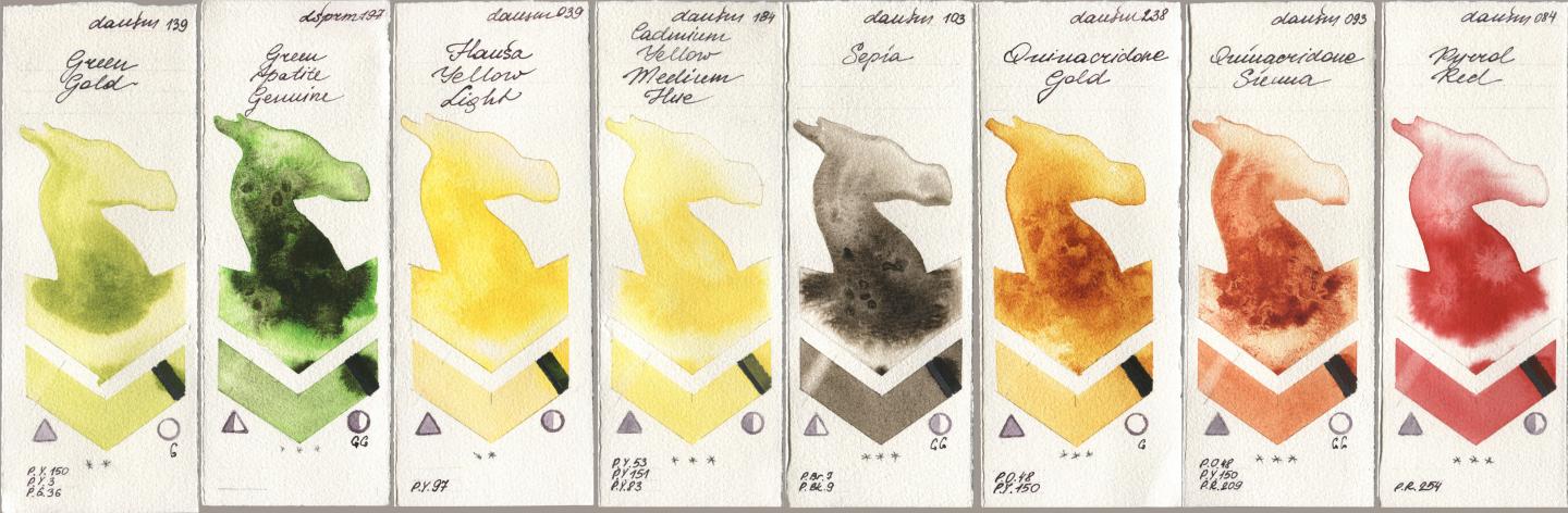 Daniel Smith 139 Green Gold, 197 Green Apatite Genuine, 039 Hansa Yellow Light, 184 Cadmium Yellow Medium Hue, 103 Sepia, 238 Quinacridone Gold, 093 Quinacridone Sienna, 084 Pyrrol R watercolor swatch
