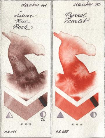 Daniel Smith 141 Lunar Red Rock, 085 Pyrrol Scarl watercolor swatch