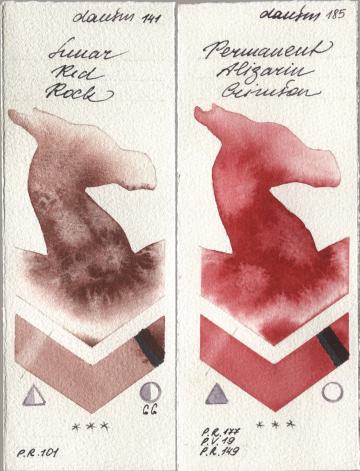 Daniel Smith 141 Lunar Red Rock, 185 Permanent Alizarin Crims watercolor swatch
