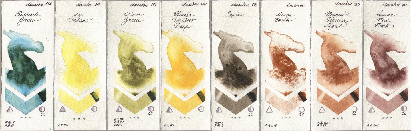 Daniel Smith 142 Cascade Green, 215 Azo Yellow, 063 Olive Green, 040 Hansa Yellow Deep, 103 Sepia, 050 Lunar Earth, 230 Burnt Sienna Light, 141 Lunar Red Ro watercolor swatch