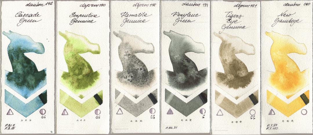 Daniel Smith 142 Cascade Green, 190 Serpentine Genuine, 156 Hematite Genuine, 194 Perylene Green, 161 Tigers Eye Genuine, 060 New Gambo watercolor swatch