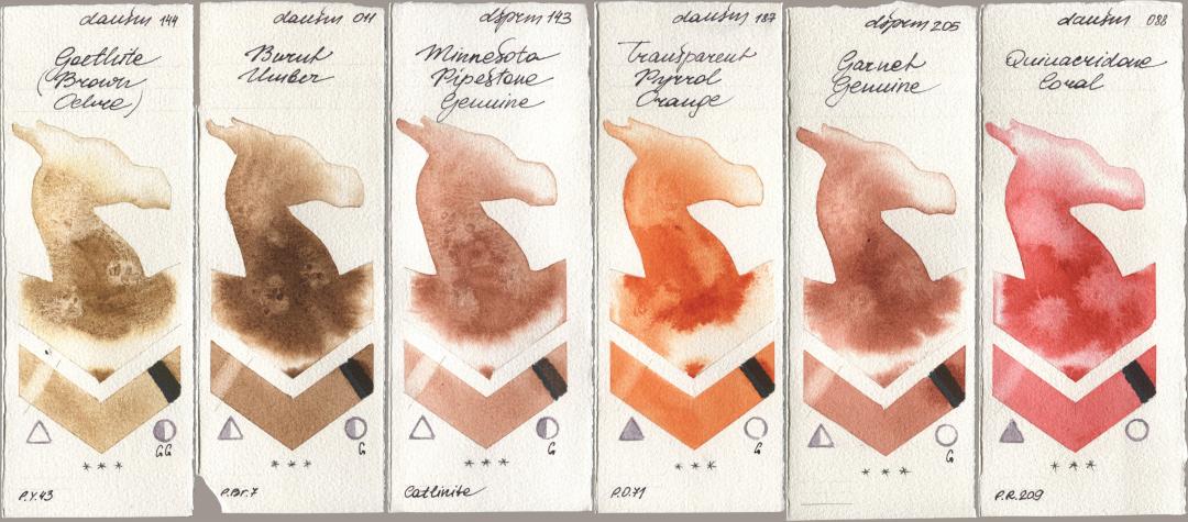 Daniel Smith 144 Goethite (Brown Ochre), 011 Burnt Umber, 143 Minnesota Pipestone Genuine, 187 Transparent Pyrrol Orange, 205 Garnet Genuine, 088 Quinacridone Cor watercolor swatch