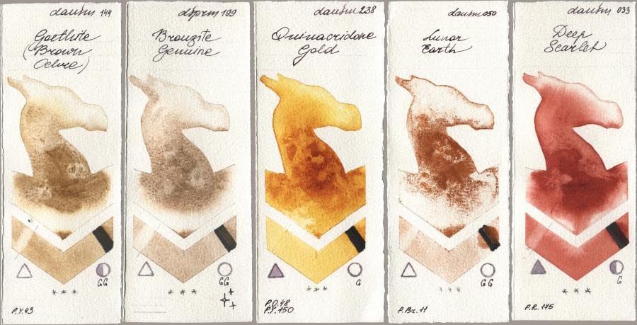 Daniel Smith 144 Goethite (Brown Ochre), 199 Bronzite Genuine, 238 Quinacridone Gold, 050 Lunar Earth, 033 Deep Scarl watercolor swatch