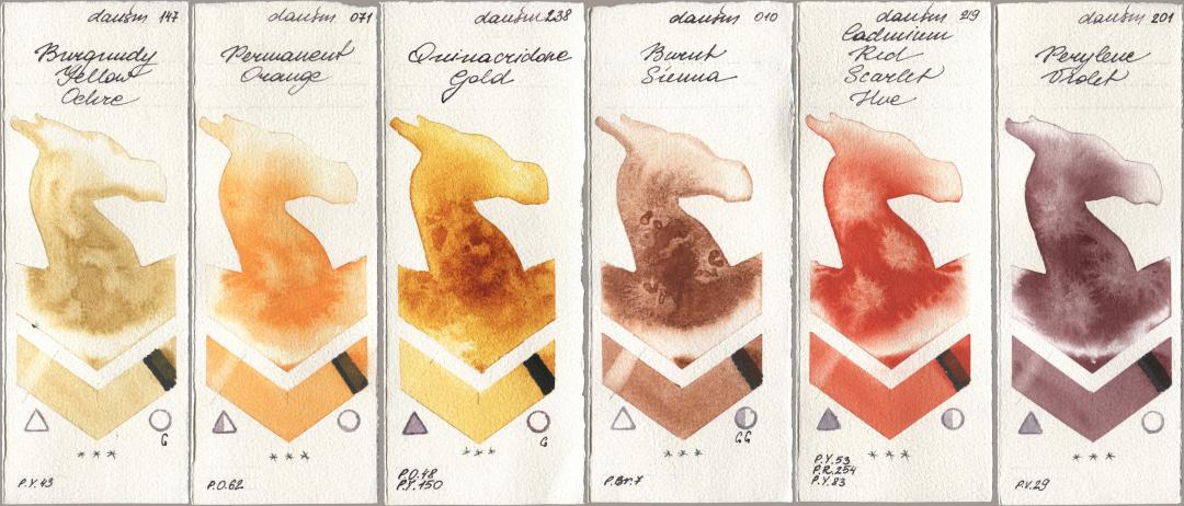 Daniel Smith 147 Burgundy Yellow Ochre, 071 Permanent Orange, 238 Quinacridone Gold, 010 Burnt Sienna, 219 Cadmium Red Scarlet Hue, 201 Perylene Viol watercolor swatch