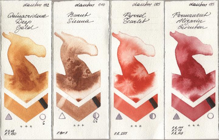 Daniel Smith 152 Quinacridone Deep Gold, 010 Burnt Sienna, 085 Pyrrol Scarlet, 185 Permanent Alizarin Crims watercolor swatch