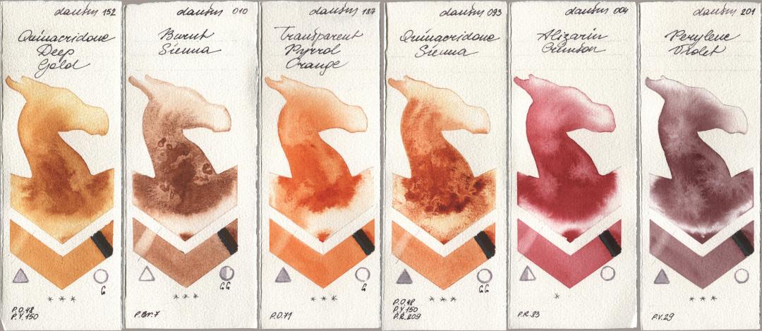 Daniel Smith 152 Quinacridone Deep Gold, 010 Burnt Sienna, 187 Transparent Pyrrol Orange, 093 Quinacridone Sienna, 004 Alizarin Crimson, 201 Perylene Viol watercolor swatch