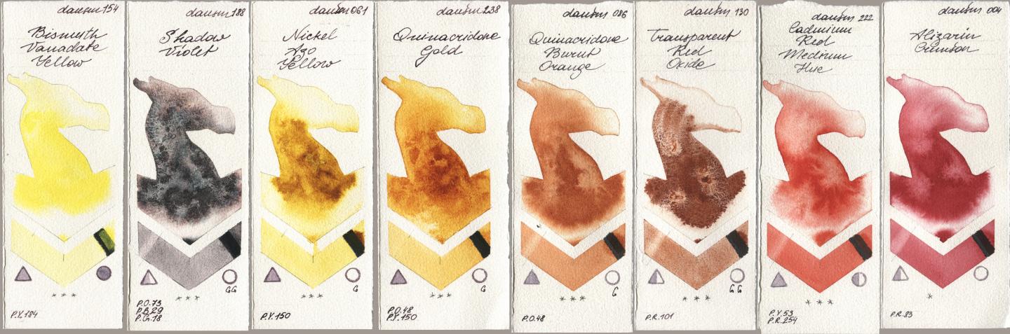 Daniel Smith 154 Bismuth Vanadate Yellow, 188 Shadow Violet, 061 Nickel Azo Yellow, 238 Quinacridone Gold, 086 Quinacridone Burnt Orange, 130 Transparent Red Oxide, 222 Cadmium Red Medium Hue, 004 Alizarin Crims watercolor swatch
