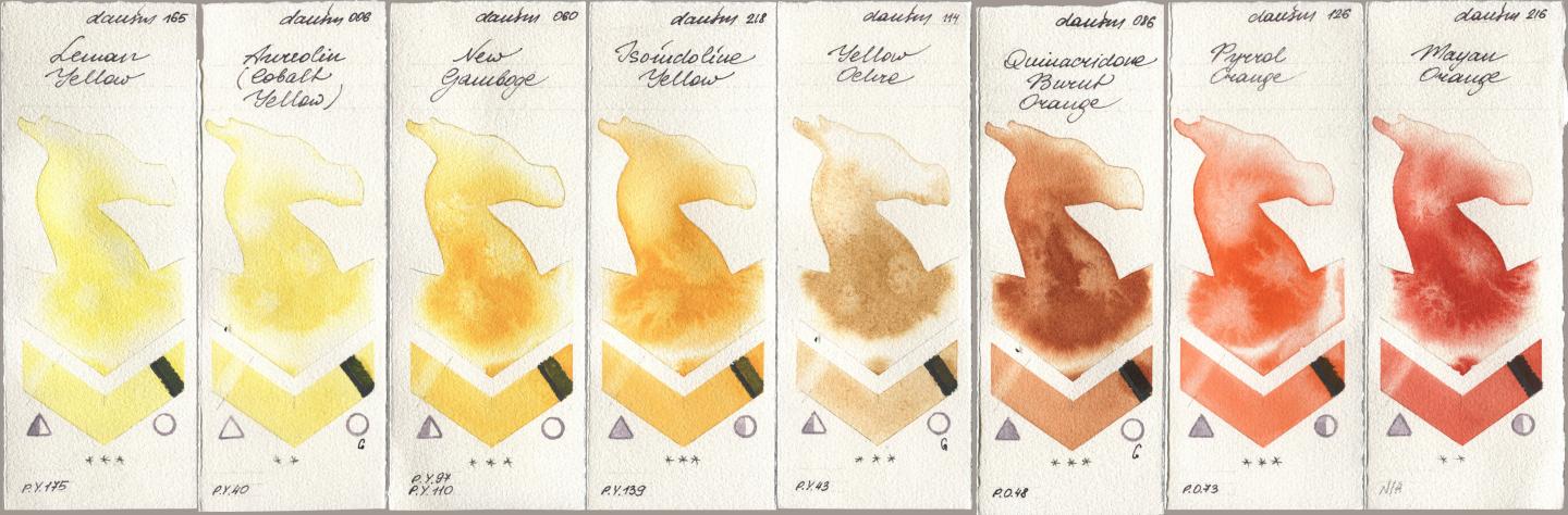 Daniel Smith 165 Lemon Yellow, 006 Aureolin (Cobalt Yellow), 060 New Gamboge, 218 Isoindoline Yellow, 114 Yellow Ochre, 086 Quinacridone Burnt Orange, 126 Pyrrol Orange, 216 Mayan Oran watercolor swatch