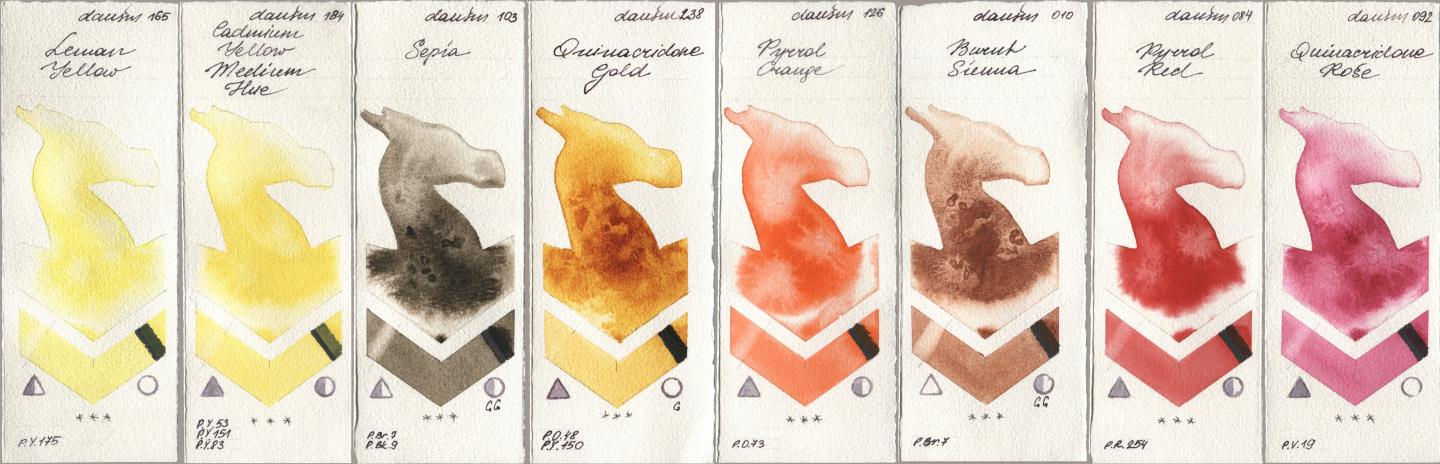 Daniel Smith 165 Lemon Yellow, 184 Cadmium Yellow Medium Hue, 103 Sepia, 238 Quinacridone Gold, 126 Pyrrol Orange, 010 Burnt Sienna, 084 Pyrrol Red, 092 Quinacridone Ro watercolor swatch