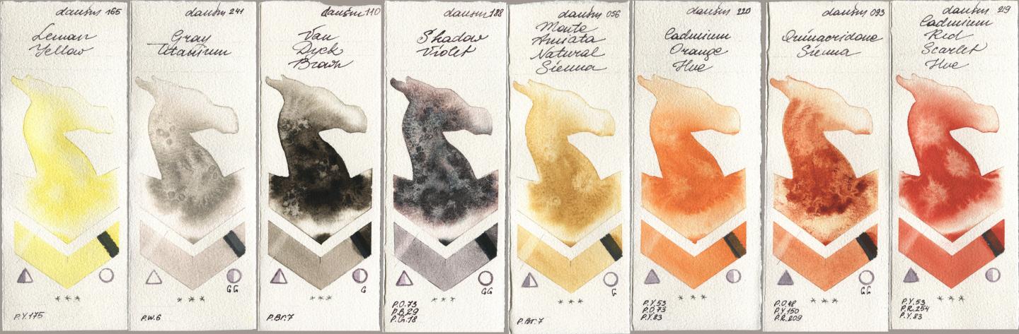Daniel Smith 165 Lemon Yellow, 241 Gray Titanium, 110 Van Dyck Brown, 188 Shadow Violet, 056 Monte Amiata Natural Sienna, 220 Cadmium Orange Hue, 093 Quinacridone Sienna, 219 Cadmium Red Scarlet H watercolor swatch