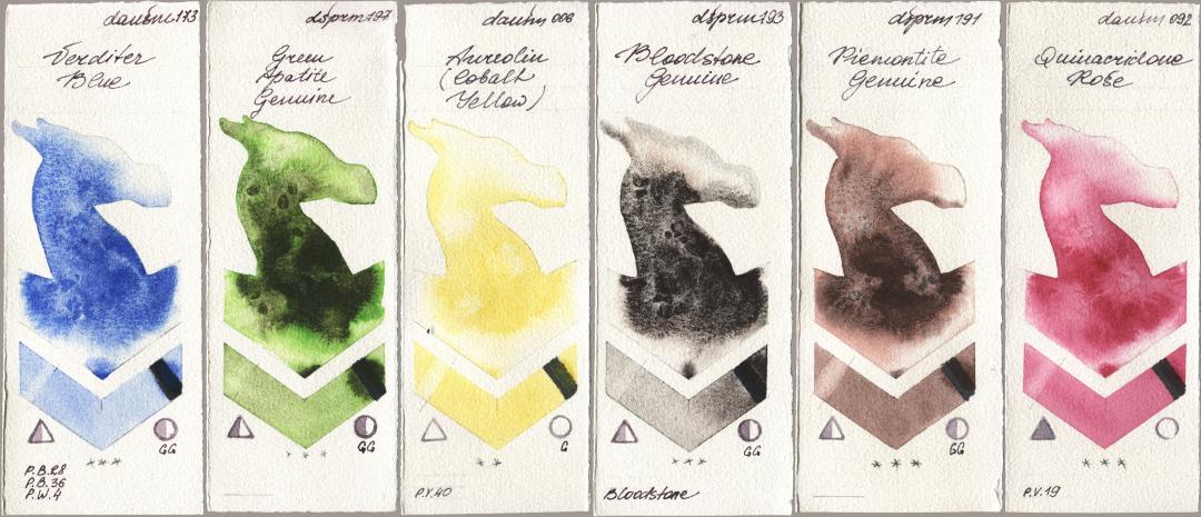 Daniel Smith 173 Verditer Blue, 197 Green Apatite Genuine, 006 Aureolin (Cobalt Yellow), 193 Bloodstone Genuine, 191 Piemontite Genuine, 092 Quinacridone Ro watercolor swatch