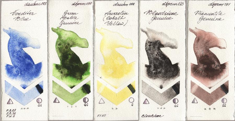 Daniel Smith 173 Verditer Blue, 197 Green Apatite Genuine, 006 Aureolin (Cobalt Yellow), 193 Bloodstone Genuine, 191 Piemontite Genui watercolor swatch
