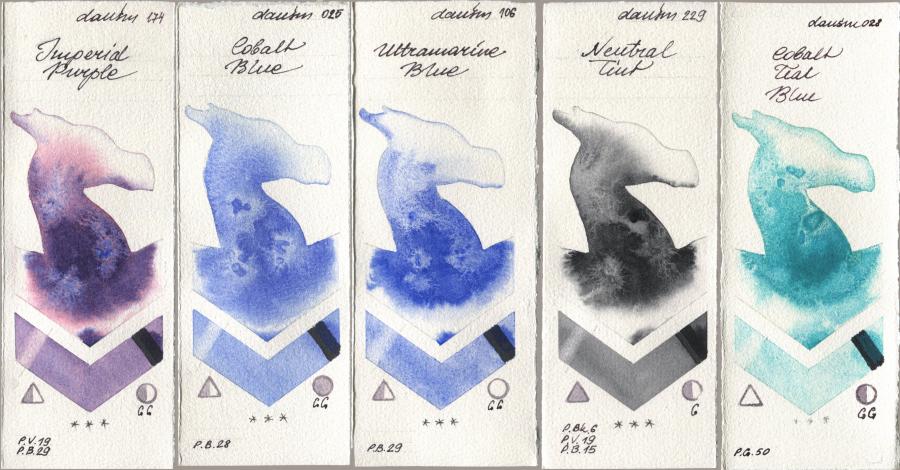 Daniel Smith 174 Imperial Purple, 025 Cobalt Blue, 106 Ultramarine Blue, 229 Neutral Tint, 028 Cobalt Teal Bl watercolor swatch