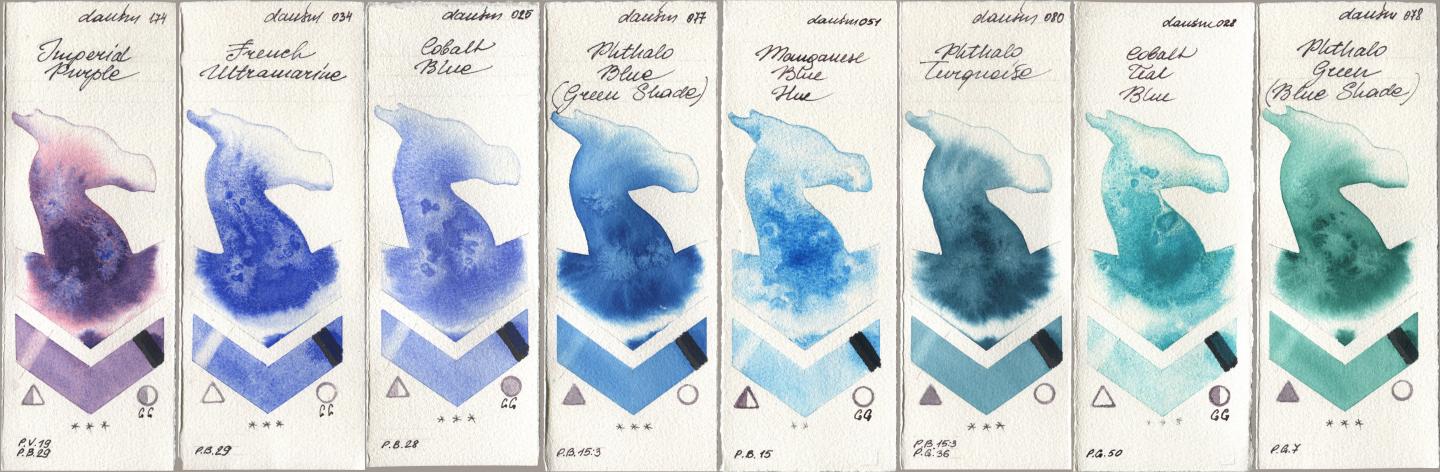 Daniel Smith 174 Imperial Purple, 034 French Ultramarine, 025 Cobalt Blue, 077 Phthalo Blue (Green Shade), 051 Manganese Blue Hue, 080 Phthalo Turquoise, 028 Cobalt Teal Blue, 078 Phthalo Green (Blue Shad watercolor swatch