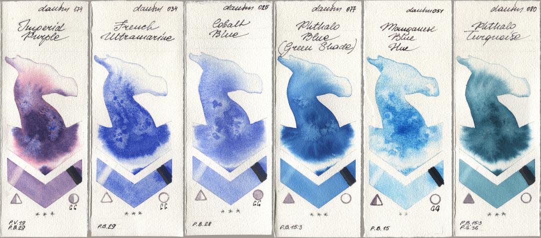 Daniel Smith 174 Imperial Purple, 034 French Ultramarine, 025 Cobalt Blue, 077 Phthalo Blue (Green Shade), 051 Manganese Blue Hue, 080 Phthalo Turquoi watercolor swatch