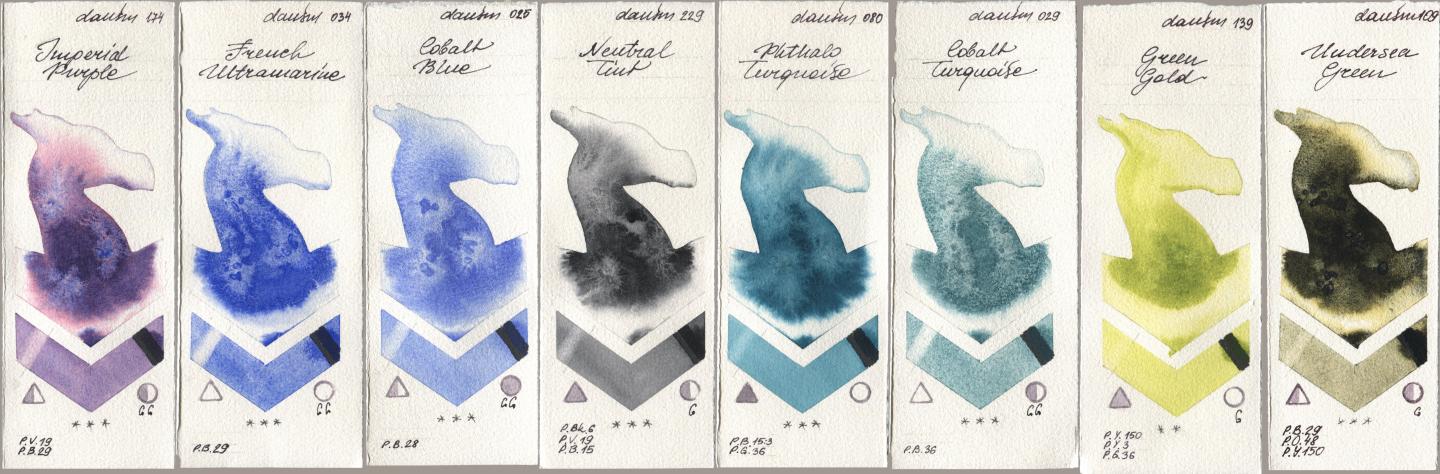 Daniel Smith 174 Imperial Purple, 034 French Ultramarine, 025 Cobalt Blue, 229 Neutral Tint, 080 Phthalo Turquoise, 029 Cobalt Turquoise, 139 Green Gold, 109 Undersea Gre watercolor swatch
