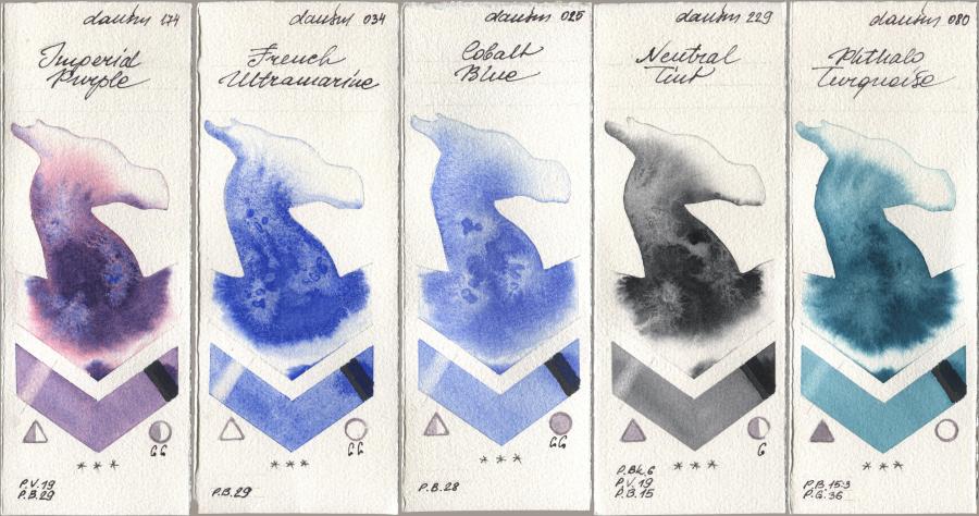 Daniel Smith 174 Imperial Purple, 034 French Ultramarine, 025 Cobalt Blue, 229 Neutral Tint, 080 Phthalo Turquoi watercolor swatch