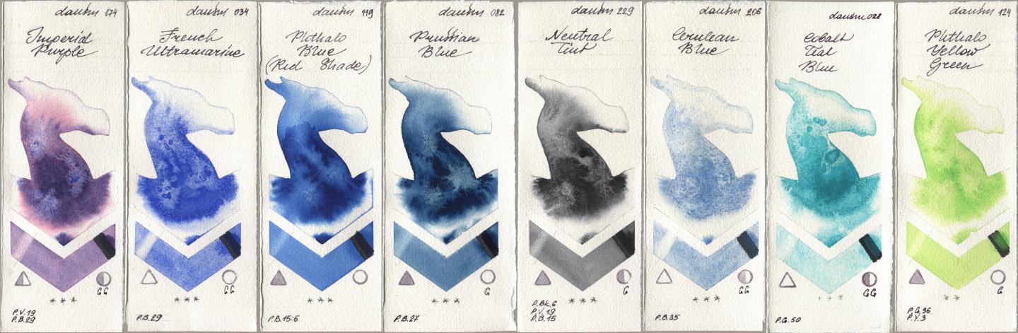 Daniel Smith 174 Imperial Purple, 034 French Ultramarine, 119 Phthalo Blue (Red Shade), 082 Prussian Blue, 229 Neutral Tint, 206 Cerulean Blue, 028 Cobalt Teal Blue, 124 Phthalo Yellow Gre watercolor swatch