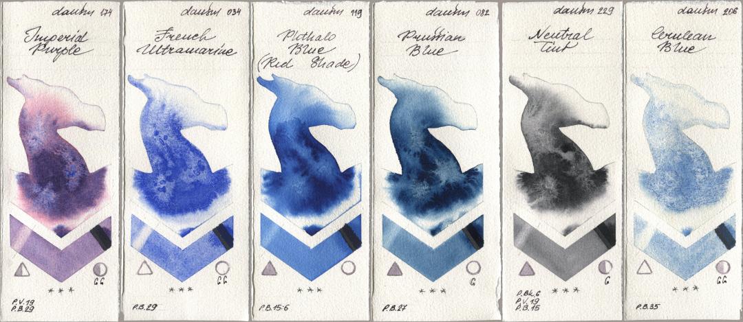 Daniel Smith 174 Imperial Purple, 034 French Ultramarine, 119 Phthalo Blue (Red Shade), 082 Prussian Blue, 229 Neutral Tint, 206 Cerulean Bl watercolor swatch