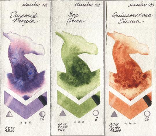 Daniel Smith 174 Imperial Purple, 102 Sap Green, 093 Quinacridone Sien watercolor swatch