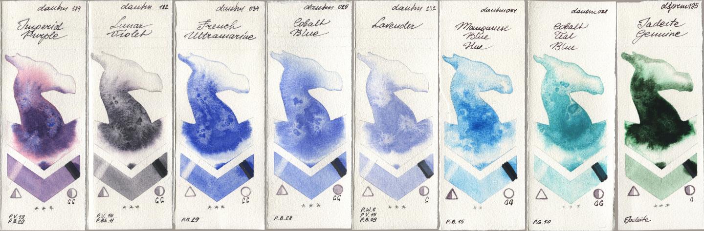 Daniel Smith 174 Imperial Purple, 182 Lunar Violet, 034 French Ultramarine, 025 Cobalt Blue, 232 Lavender, 051 Manganese Blue Hue, 028 Cobalt Teal Blue, 195 Jadeite Genui watercolor swatch
