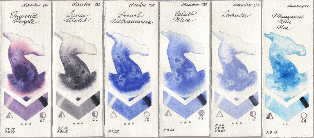 Daniel Smith 174 Imperial Purple, 182 Lunar Violet, 034 French Ultramarine, 025 Cobalt Blue, 232 Lavender, 051 Manganese Blue H watercolor swatch