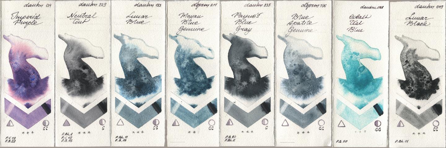 Daniel Smith 174 Imperial Purple, 229 Neutral Tint, 183 Lunar Blue, 211 Mayan Blue Genuine, 235 Paynes Blue Gray, 196 Blue Apatite Genuine, 028 Cobalt Teal Blue, 049 Lunar Bla watercolor swatch