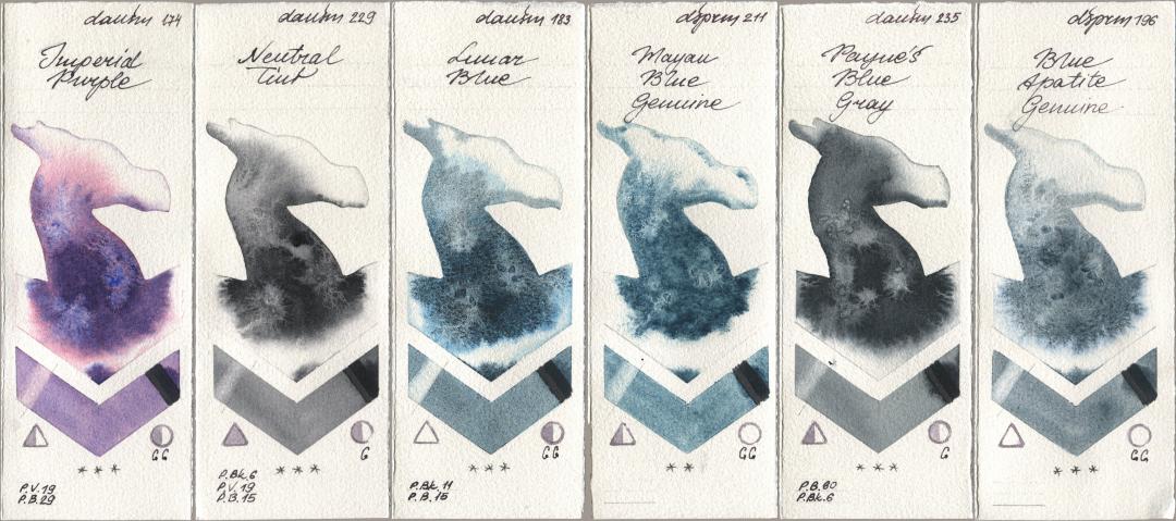 Daniel Smith 174 Imperial Purple, 229 Neutral Tint, 183 Lunar Blue, 211 Mayan Blue Genuine, 235 Paynes Blue Gray, 196 Blue Apatite Genui watercolor swatch